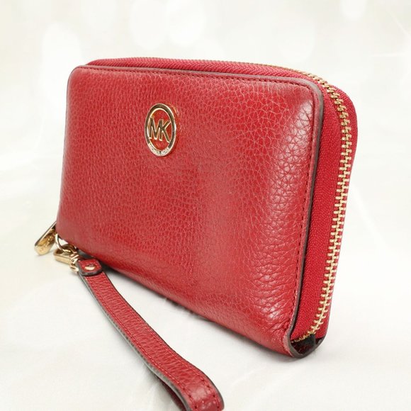 Michael Kors Jet Set Card Phone Wallet Wristlet Medium Red Zip Around - Picture 3 of 7